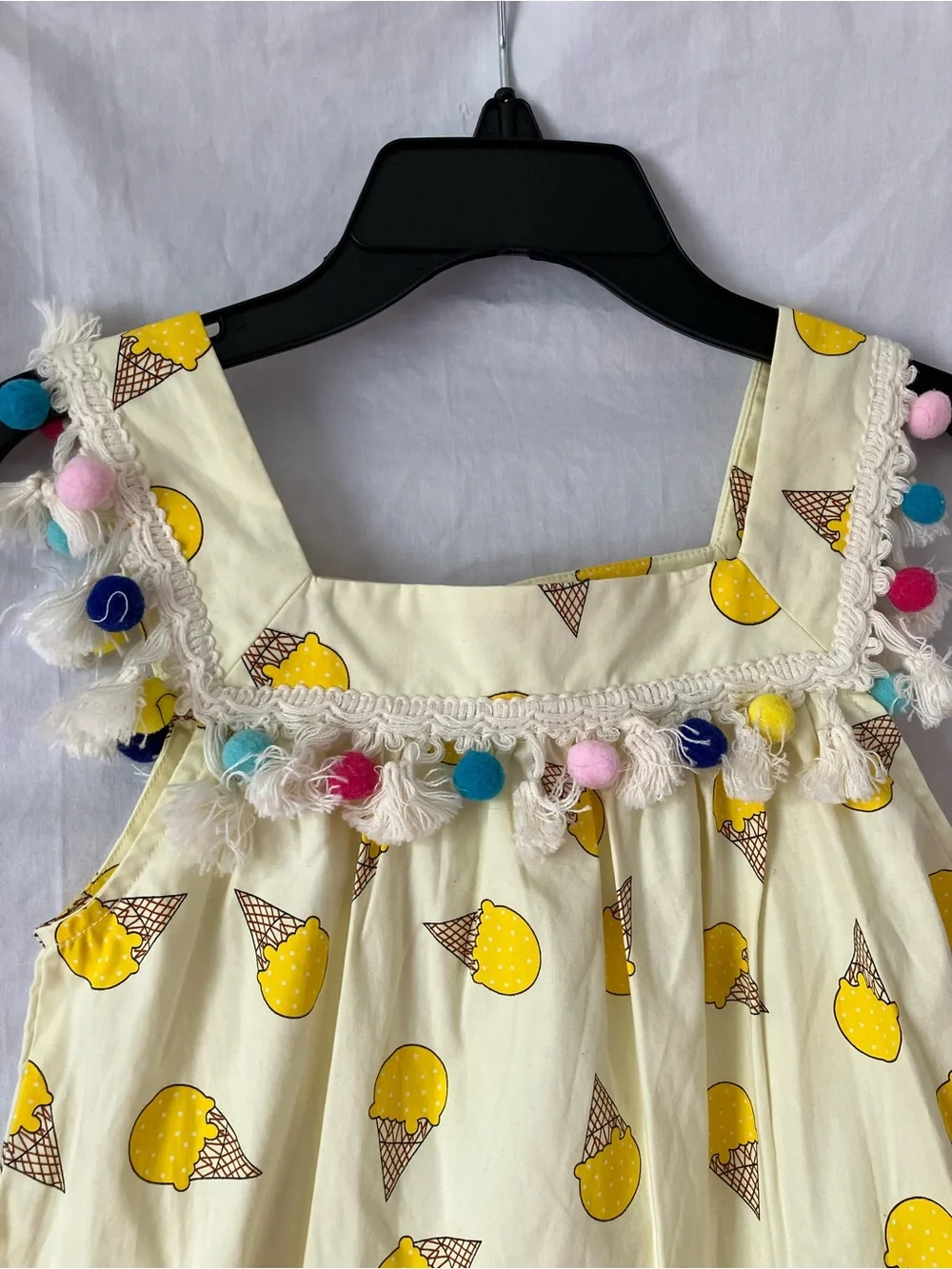 Peas and Queues Yellow Ice Cream Print Pom Pom Dress - Size 8